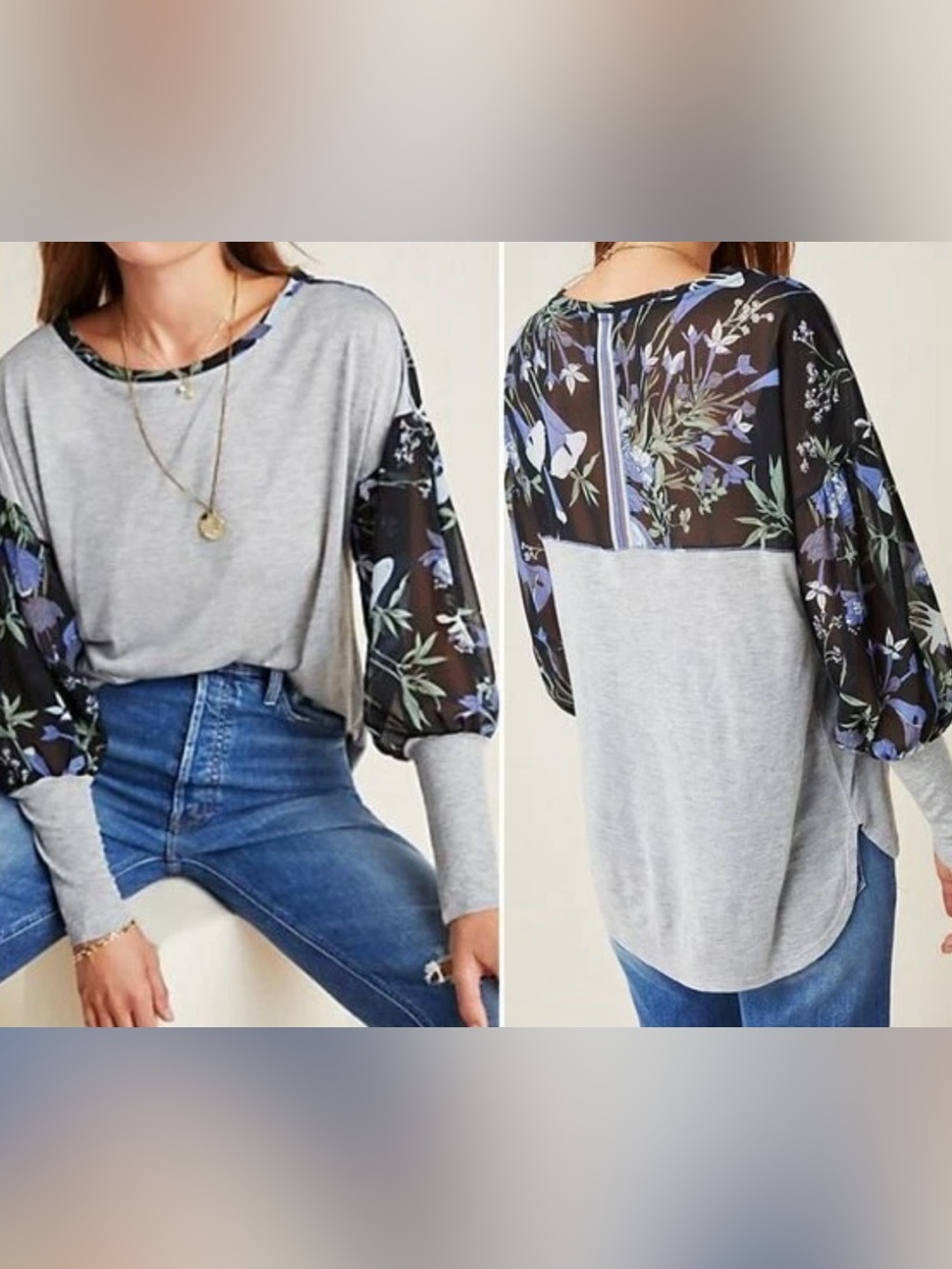 Tiny by Anthropologie Grey and Sheer Floral-Print Long Sleeve Blouse - Size XL